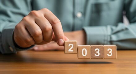 A person arranging wooden blocks to spell out the year twenty thirty three on a wooden surface top