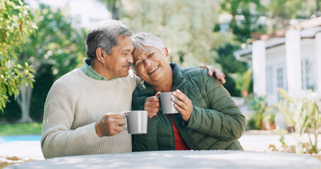 Backyard, love and senior couple with coffee for funny conversation, bonding and relax outdoor Retirement home, garden and mature man and woman laughing with drink for marriage, embrace and talking