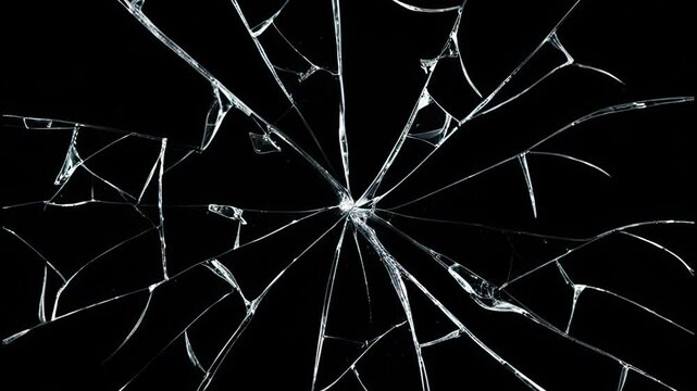 Broken glass black live texture. Close-up of shattered glass,  Shattered glass impact pattern animated overlay,
Shattered and broken glass shards flying through, Broken glass surface
