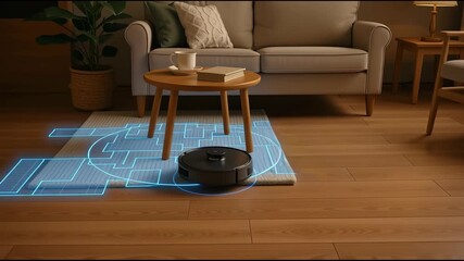 A robotic vacuum cleaner navigating a living room, with a digital map overlay of the floor plan displayed on the ground.