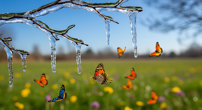 Winter's Touch Spring Awakening Butterflies Adorn a Blooming Meadow - Powered by Adobe