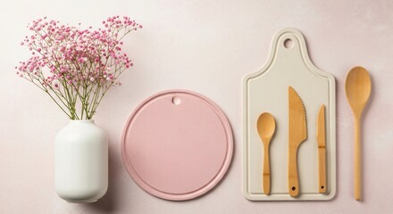 Charming kitchen setup with delicate pink flowers and bamboo utensils