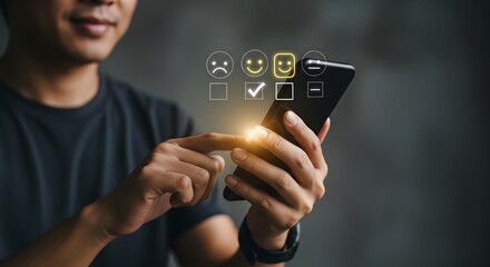Man giving feedback on smartphone with smiley faces indicating customer satisfaction levels shown above