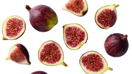 Juicy figs halved and whole flat lay food style on bright background transparent