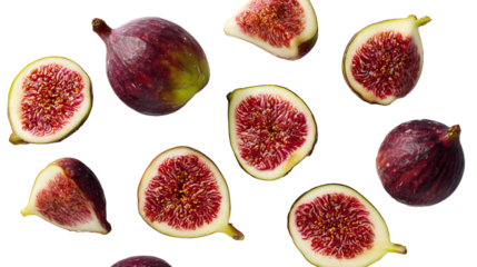 Juicy figs halved and whole flat lay food style on bright background transparent