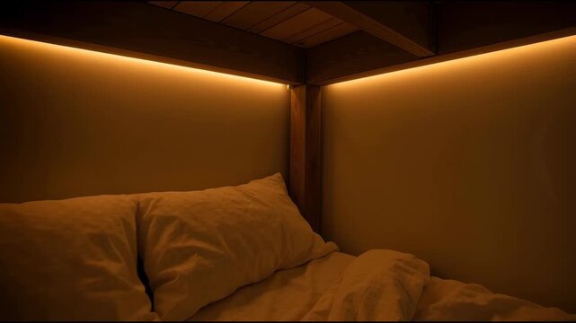 A cozy loft bed with soft, illuminated edges and rumpled white bedding.