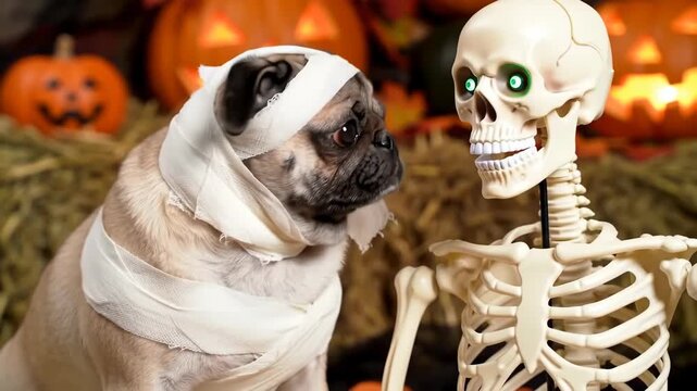 Spooky Halloween Pug & Skeleton! Funny Costume & Pumpkin Decor