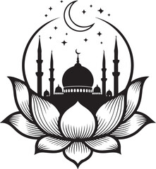 mosque, silhouette, lotus, flower, islamic, religious, crescent moon, stars, monochrome, design, architecture, illustration, islam, floral, geometric, symbol, vector, art, drawing, decoration, ornamen