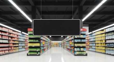 Blank store sign hangs above brightly lit supermarket aisles
