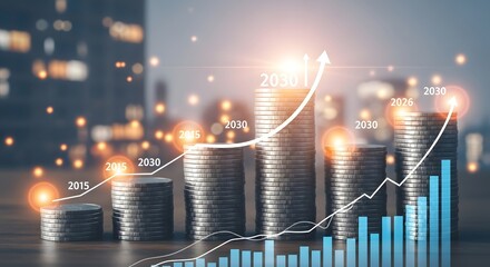 Stacks of coins with projected growth from 2015 to 2030 against a blurred city background