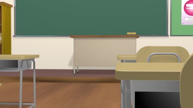 アニメーションの背景に使える教室の動画風景（ 1階の教室から 2階へカメラを移動させる）