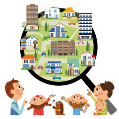 大きな虫眼鏡で色々な物件を家族が探しているイラスト