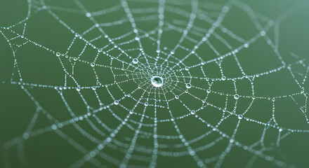 Spiderweb Adorned with Dewdrops Shimmering in Morning Light Against Green Background