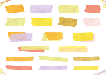 秋色の水彩のシンプルなマスキングテープイラストセット（オレンジ・紫・緑・赤・黄色・ハロウィン）