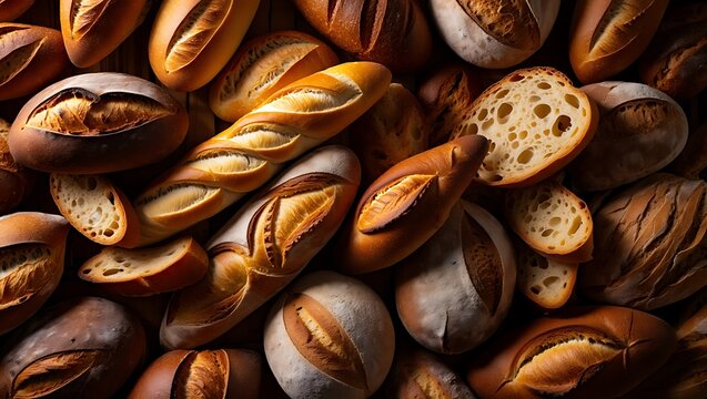 Overhead full frame view of an abundant assortment of artisan fresh baked breads with diverse crusts and textures.