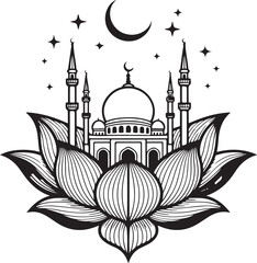 Monochrome Mosque Silhouette Emerging From Lotus Flower Surrounded by Stars and Crescent Moon Religious Islamic Design