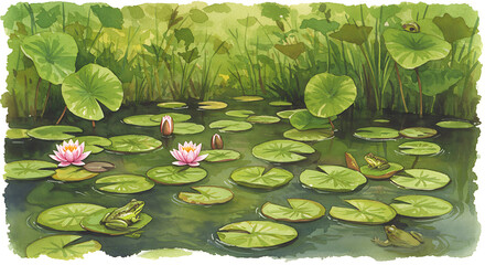 Watercolor Pond Scene with Lily Pads and Frogs Serene Aquatic Artwork