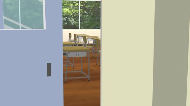 アニメーションの背景に使える教室の動画風景（ 1階の教室に入って、その場で 2階へカメラを移動させる）
