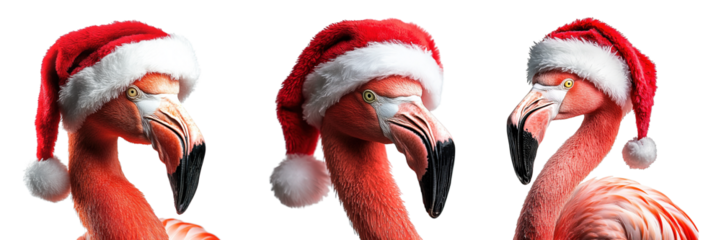 Pink Flamingo Wearing Santa Claus Hat Isolated on Transparent Background