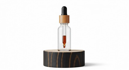 Elegant dropper bottle with amber liquid on wood, promoting wellness products