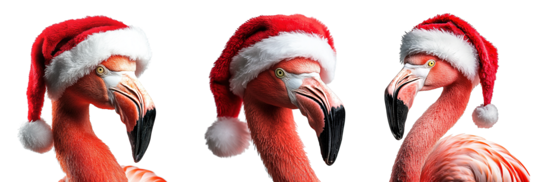 Pink Flamingo Wearing Santa Claus Hat Isolated on Transparent Background - Powered by Adobe