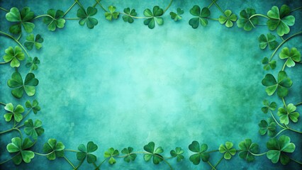 Emerald green shamrock border on a soft blue background with subtle texture