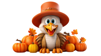 Festive Thanksgiving turkey cartoon character wearing pilgrim hat surrounded by harvest pumpkins and autumn leaves