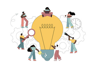 Search for new solutions. People study, search for a new idea. People look at a burning light bulb. Vector flat illustration