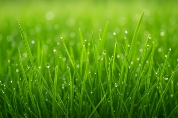 Fresh green grass with morning dew close-up