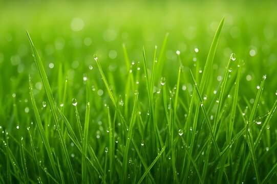 Fresh green grass with morning dew close-up