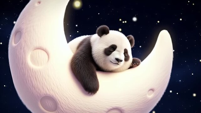 Panda Bear Sleeping on Glowing Moon with Starry Night Sky Illustration