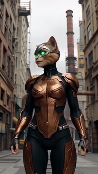 Anthropomorphic feline character in futuristic armor standing in an ur