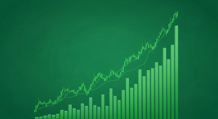 Green stock market chart with bars and lines going up on a green background