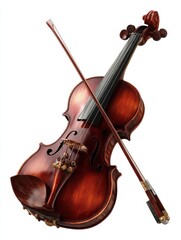 a classic wooden violin with a bow resting across its strings presented isolated on a transparent background isolated on transparent background