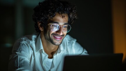 smiling young curly indian latin ethnic business man or student wearing glasses remote working overtime learning online late at night at home or in dark office using laptop computer at workplace no l