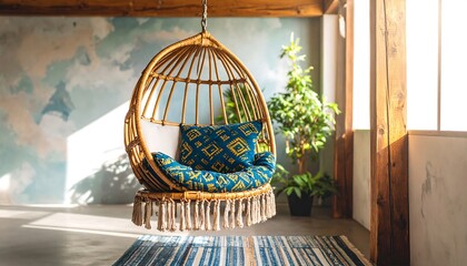 A captivating bohemian-style hanging chair, featuring a woven rattan frame, rests serenely in a sun-drenched room, complemented by lush greenery and a patterned cushion.