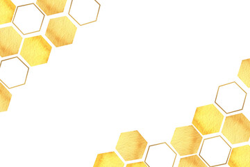 Honey golden comb watercolor banner template. Yellow hexagon frame graphics illustration, organic sweet natural food and ingredient clipart for product packing, poster, syrup and drink label, logo