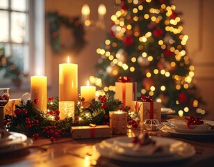 A festive Christmas table with decorated tree, candles, and gifts, warm golden lighting, cozy family setting, highly detailed, 4K resolution