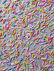a seamless colorful sprinkles pattern on a soft gray background with a topdown view of pastel and vibrant candy sprinkles highdetail 8k resolution flat lay composition and space for text