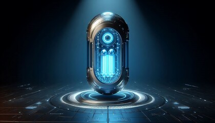 Futuristic holographic interface with glowing blue digital core floating in a high-tech environment