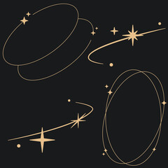 Sparkle star frame. wreath round stardust border for party, birthday decor design. laurel frame with, cosmic glitter shine. isolated black flat vector illustration.