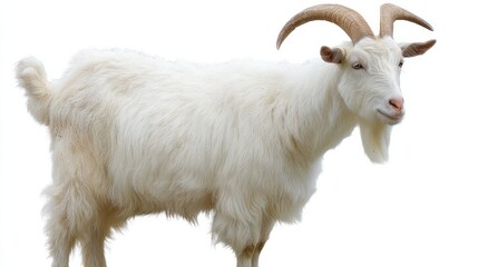 White goat with majestic horns stands serenely, evoking rustic farm nostalgia, perfect for Scandinavian Midsummer or quirky Capricorn appreciation