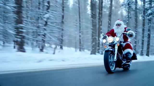 Joyful Santa Claus rides a motorcycle along a snowy forest road, spreading holiday cheer with winter magic, laughter, and festive Christmas spirit. - Powered by Adobe