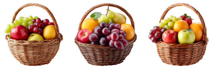 Fresh fruit basket with apples, grapes, oranges, and pear isolated on transparent background.