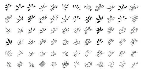 Abstract sparkle line set, hand drawn burst strokes and decorative star patterns in black for comic art and graphic design