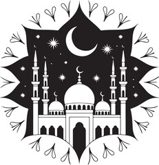 Ramadan Kareem Illustration A Silhouette of a Mosque at Night Surrounded by an Ornamental Frame with Crescent Moon and Stars