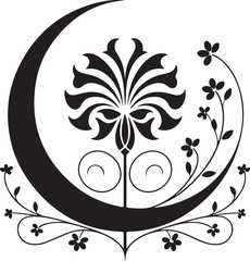 Floral Crescent Moon Emblem Art Nouveau Inspired Design Decorative Botanical Symbol Intricate Lines and Swirls Elegant Organic Composition in Black and White