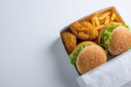 Crisp golden fries and burgers in a lunchbox evoke whimsical Comfort Food Day, celebrating fast-food indulgence with joy