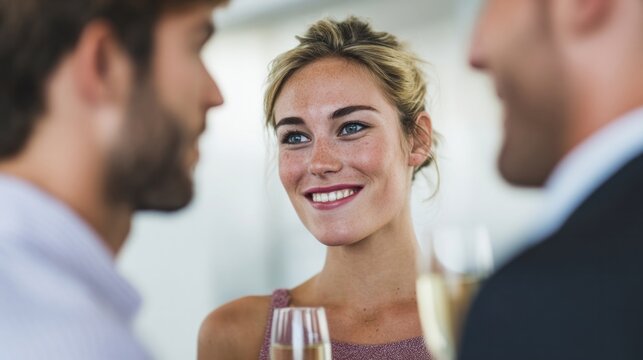 Smiling Caucasian woman enjoys a champagne toast, exuding conviviality at a midsummer soiree, reminiscent of La Tomatina