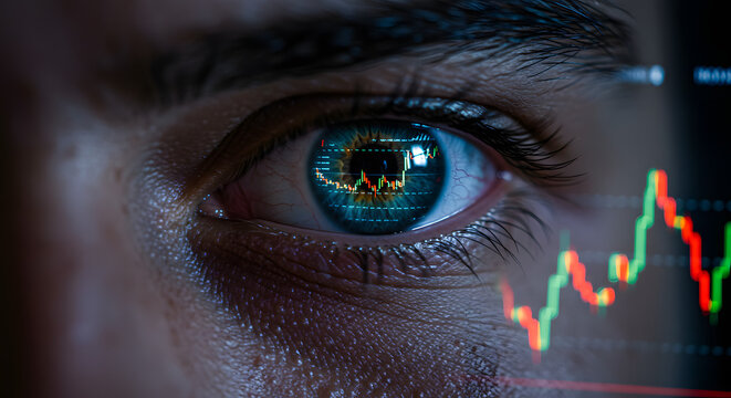 Close-up of a person's eye reflecting financial market data, showing investment trends.